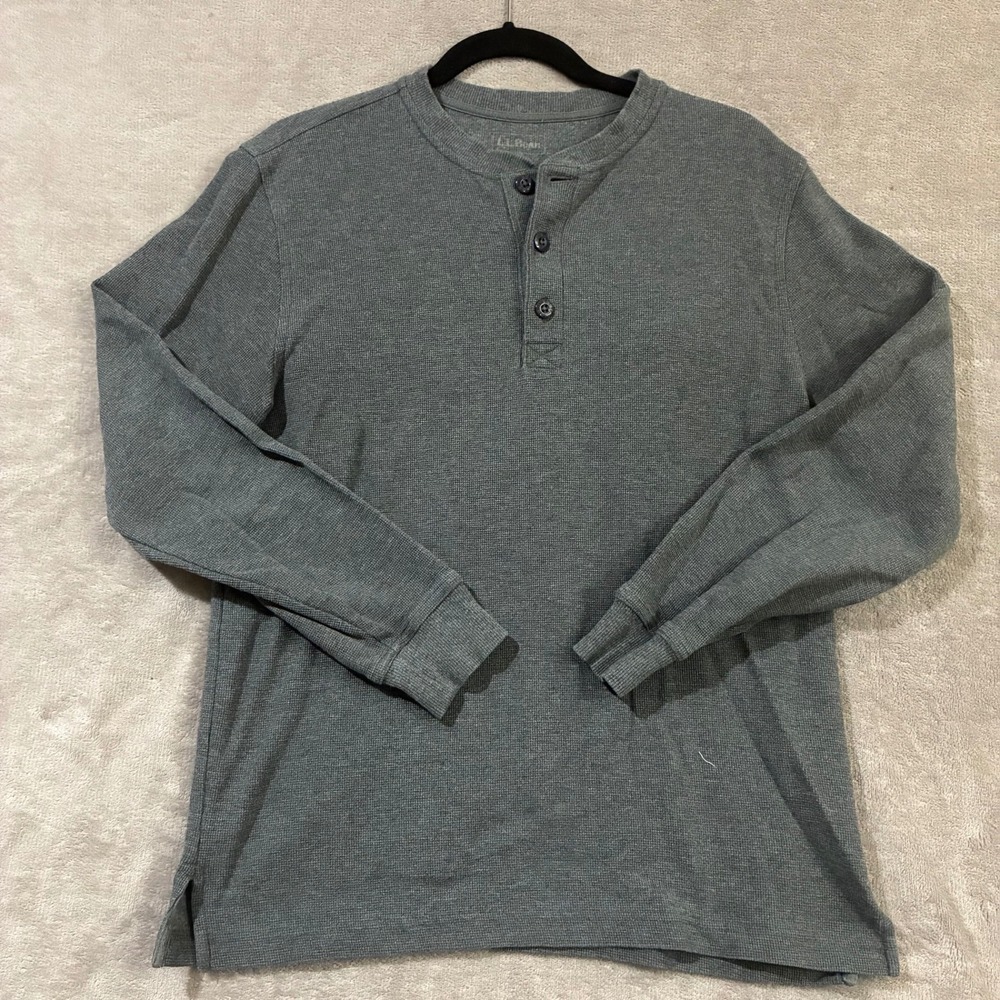 LL Bean Henley Shirt Mens Small Grey Waffle Knit Cotton Long Sleeve Top 502224